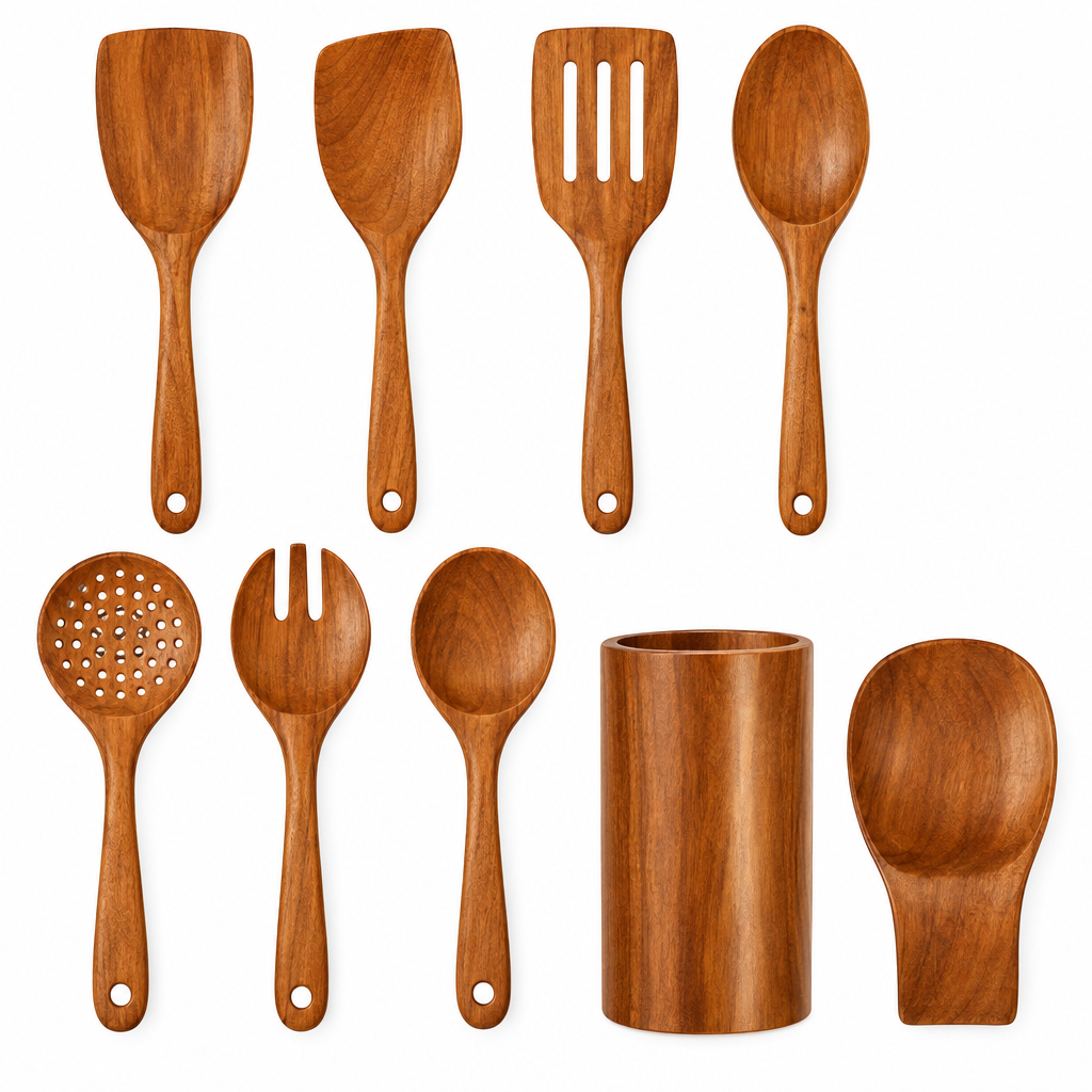 Traditional Japanese Wooden Kitchen Utensils (7-Piece) – Natural Unfinished Wooden Spoons & Spatulas for Cooking