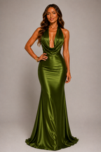 Women's Satin Halter-Neck Mermaid Maxi Dress Sage Green