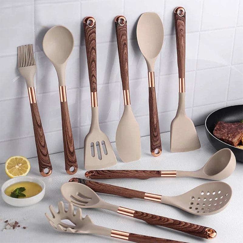 Food-Safe Silicone Kitchen Tools with Wooden Handle – 10-Piece Silicone Cooking Utensil Set – KitchenElegance