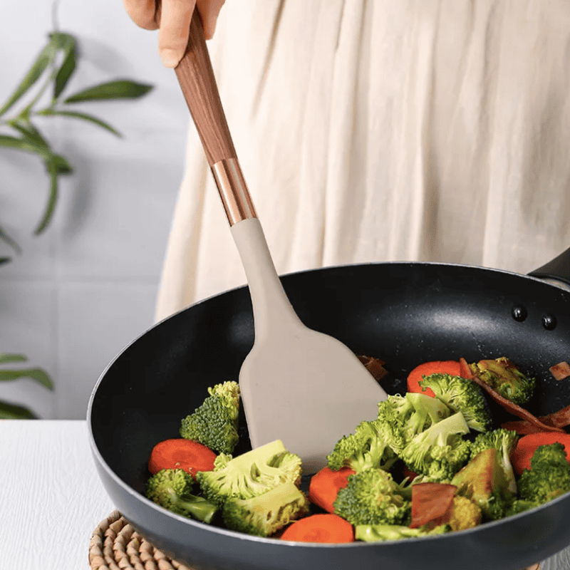 Food-Safe Silicone Kitchen Tools with Wooden Handle – 10-Piece Silicone Cooking Utensil Set – KitchenElegance