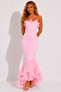 Women's Ruffled Maxi Dress with Thin Straps Pink