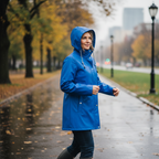 A woman wearing a bright blue hooded raincoat walks along a wet city sidewalk in the rain, with blurred trees and streetlights in the background.
