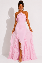 Women's Halter-Neck Maxi Dress with Cascading Ruffles