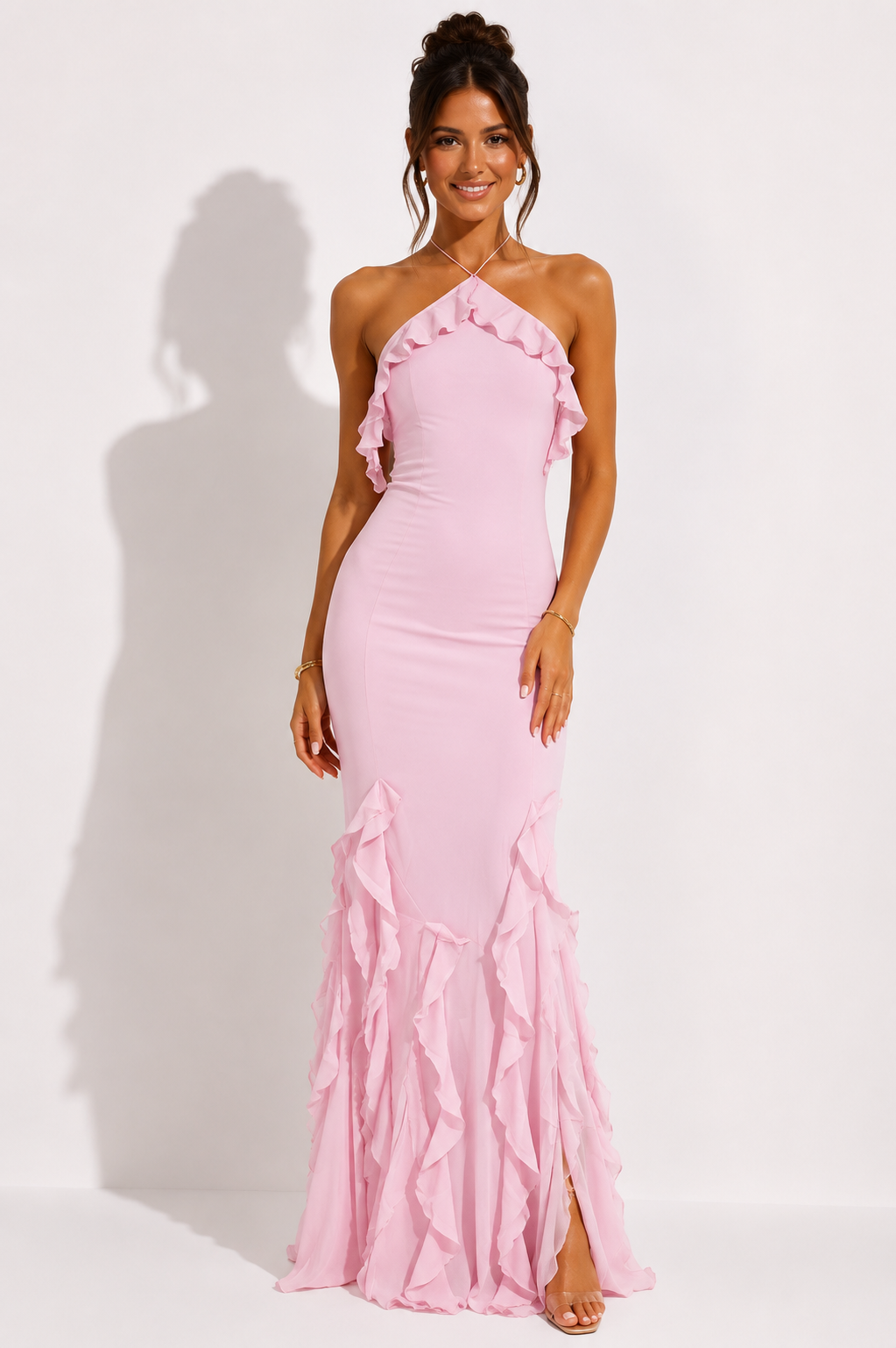 Women's Halter-Neck Maxi Dress with Cascading Ruffles
