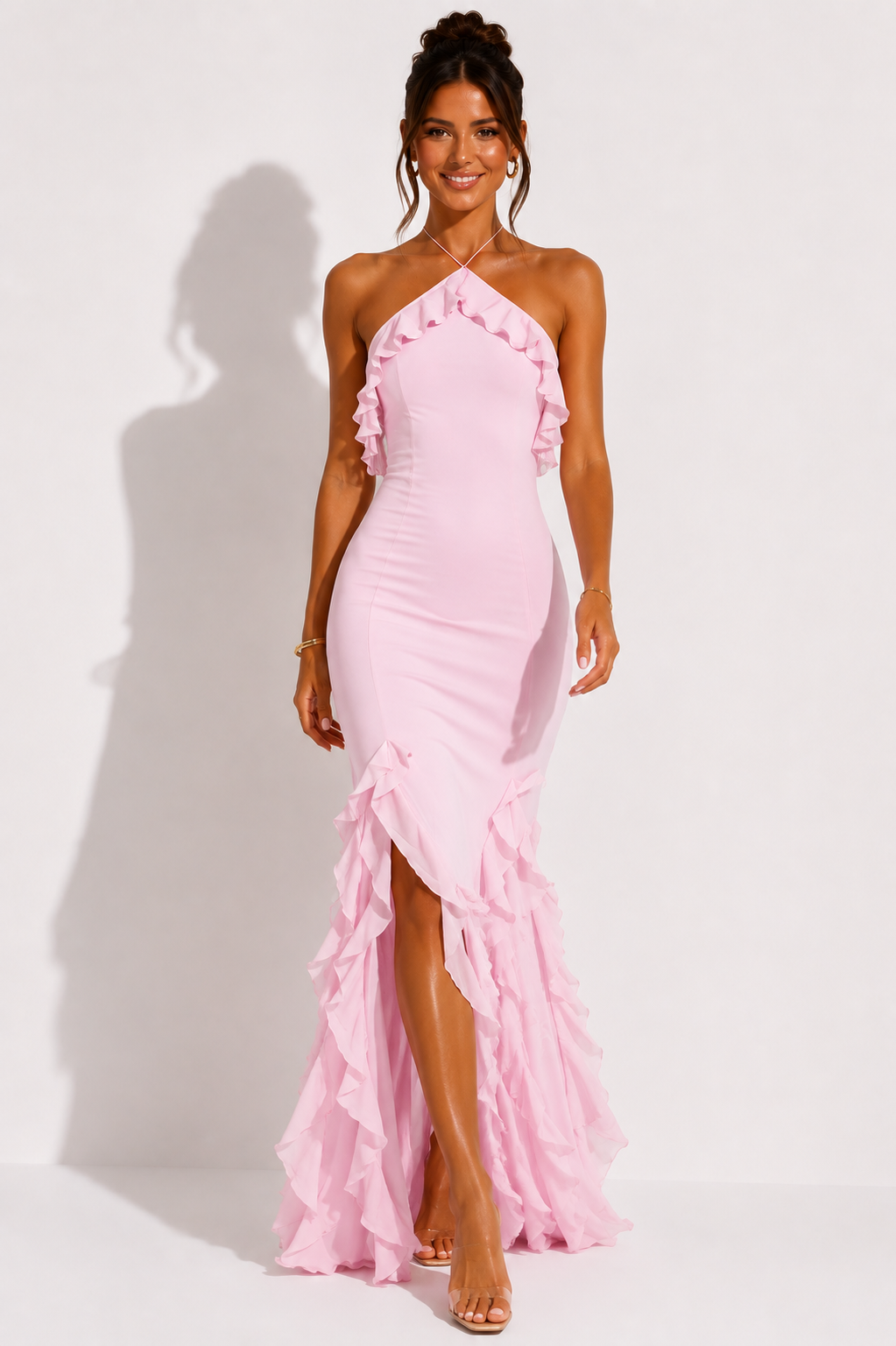 Women's Halter-Neck Maxi Dress with Cascading Ruffles