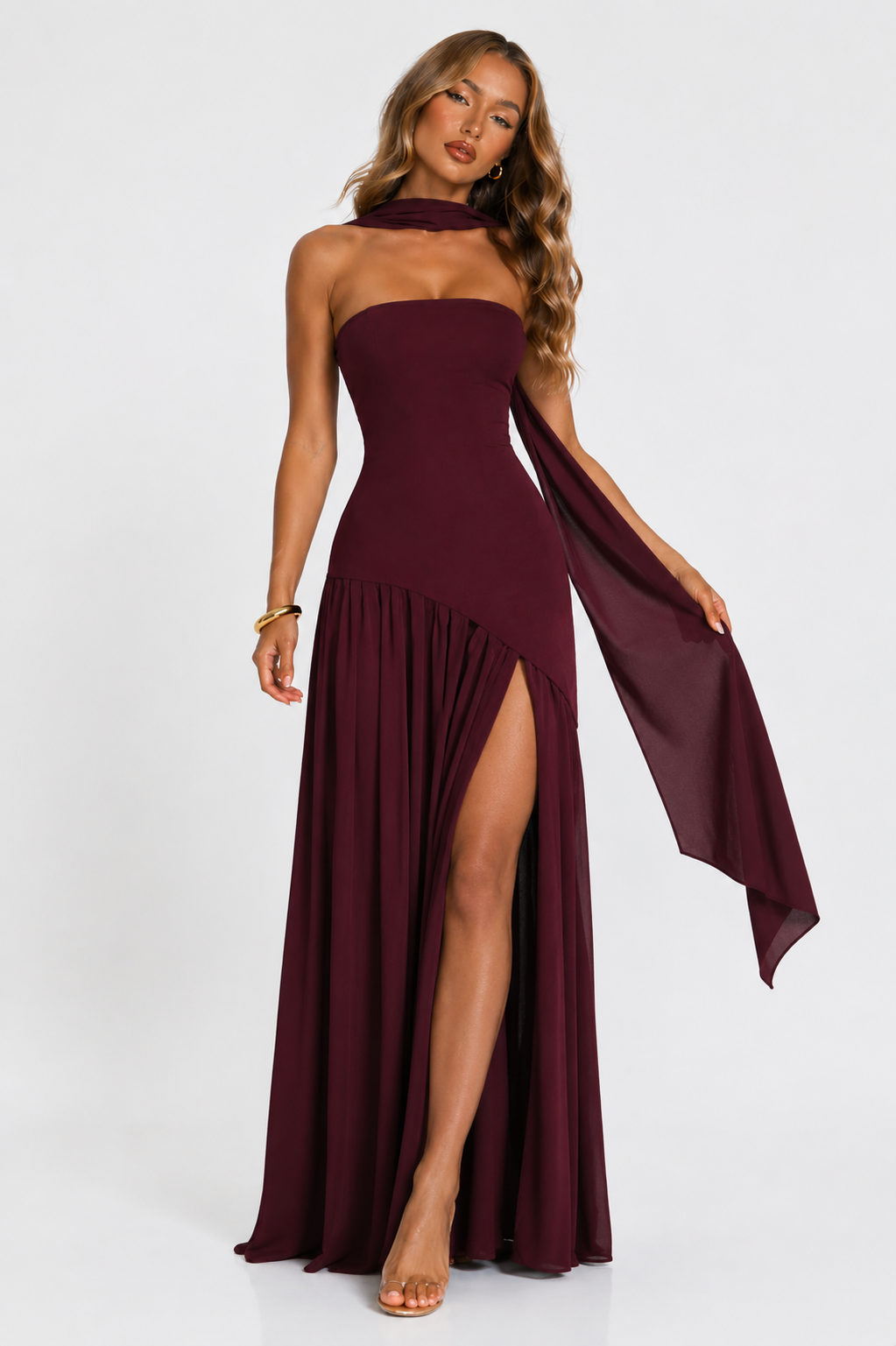 Women's Strapless Maxi Dress with Pleated Skirt Burgundy