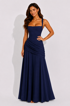 Women's Maxi Dress with Square Neckline and Draped Waist
