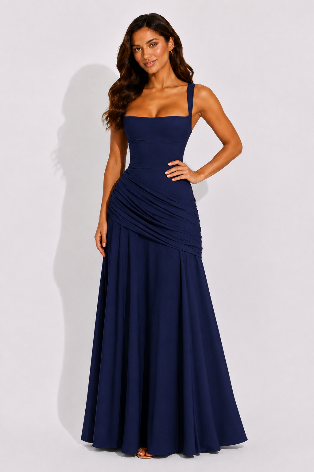 Women's Maxi Dress with Square Neckline and Draped Waist