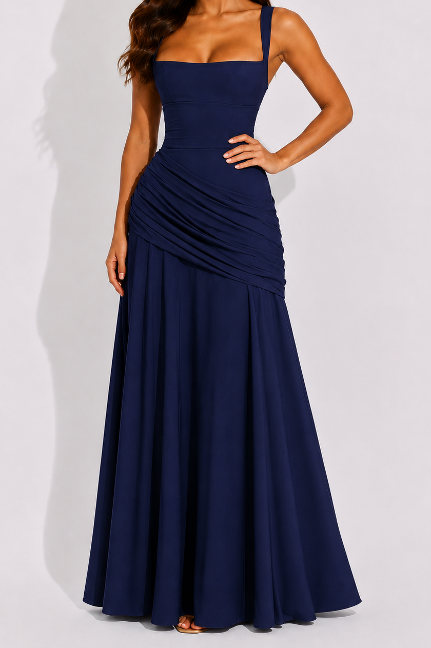 Women's Maxi Dress with Square Neckline and Draped Waist Navy Blue