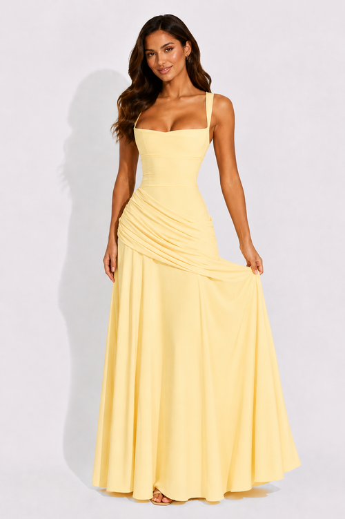 Women's Maxi Dress with Square Neckline and Draped Waist
