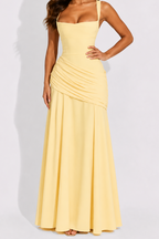 Women's Maxi Dress with Square Neckline and Draped Waist Yellow