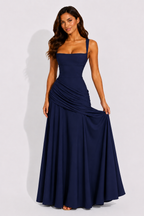 Women's Maxi Dress with Square Neckline and Draped Waist