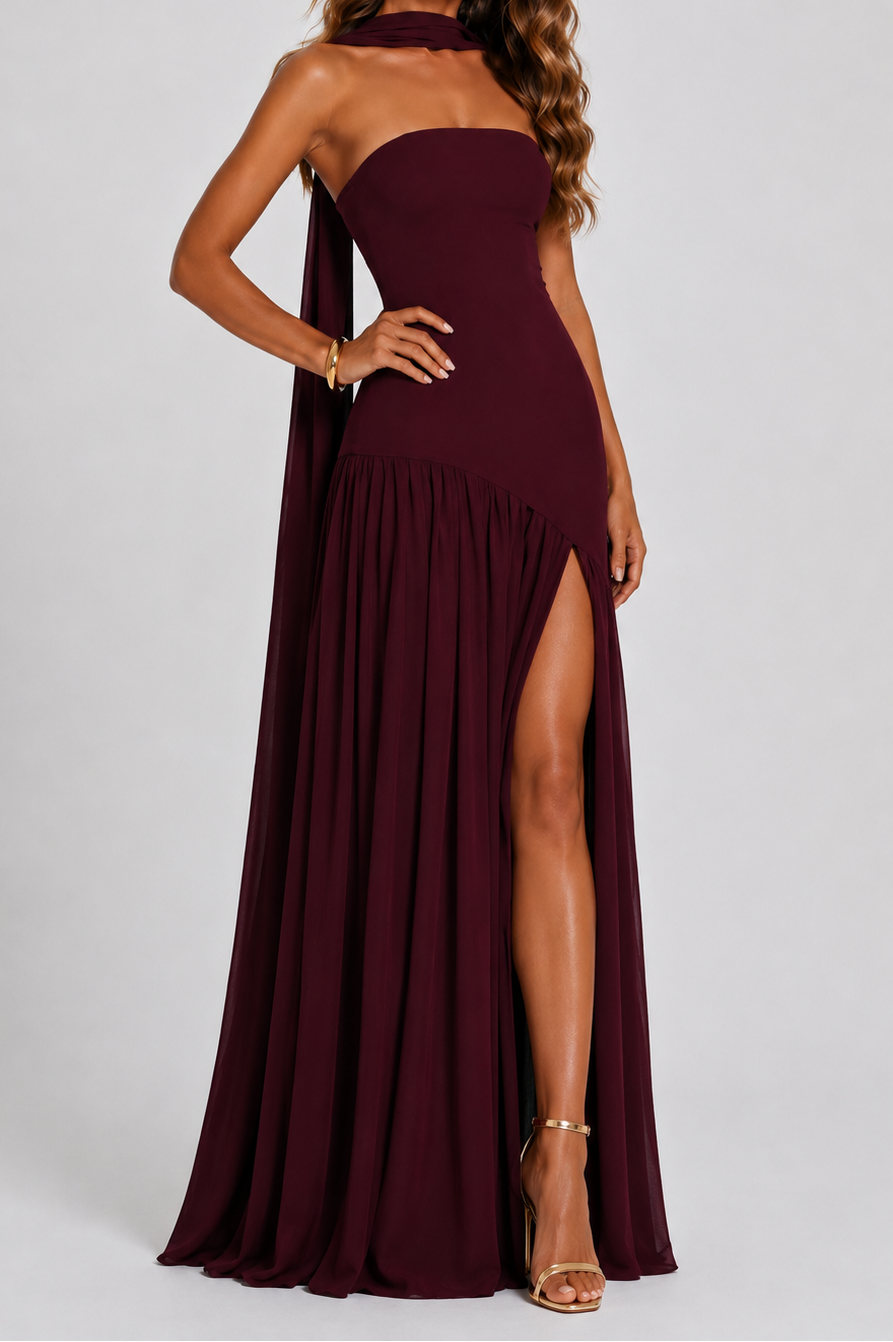 Women's Strapless Maxi Dress with Pleated Skirt